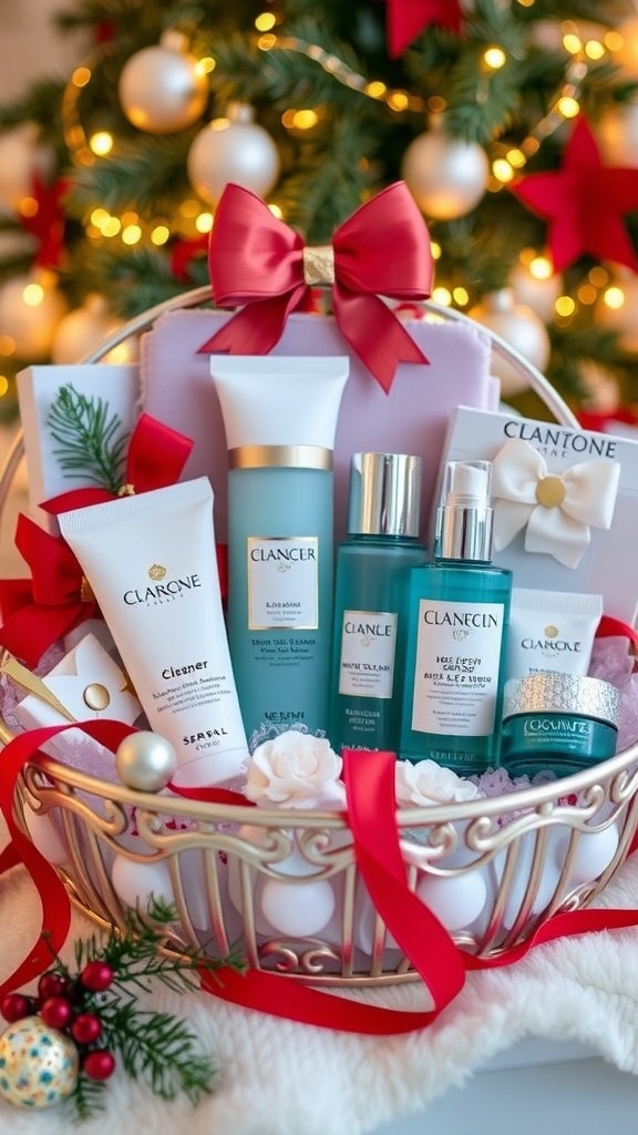 A holiday gift basket filled with skincare products, decorated with ribbons and holiday ornaments.